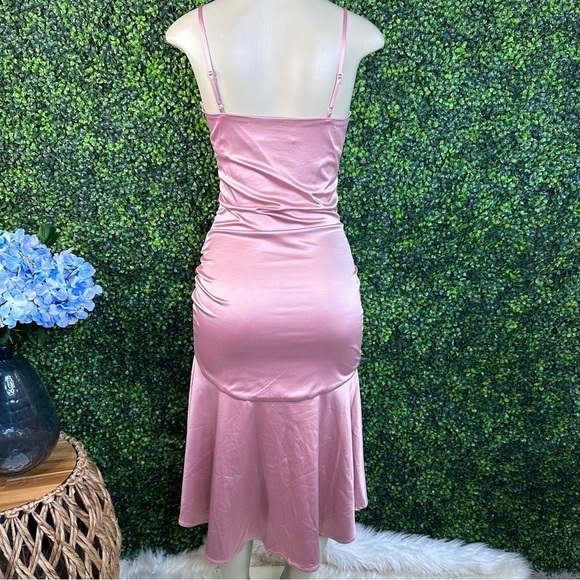 Lulus NWOT Perfect Occasion Dusty Rose Satin Ruched Tulip Midi Dress - Picture 6 of 16
